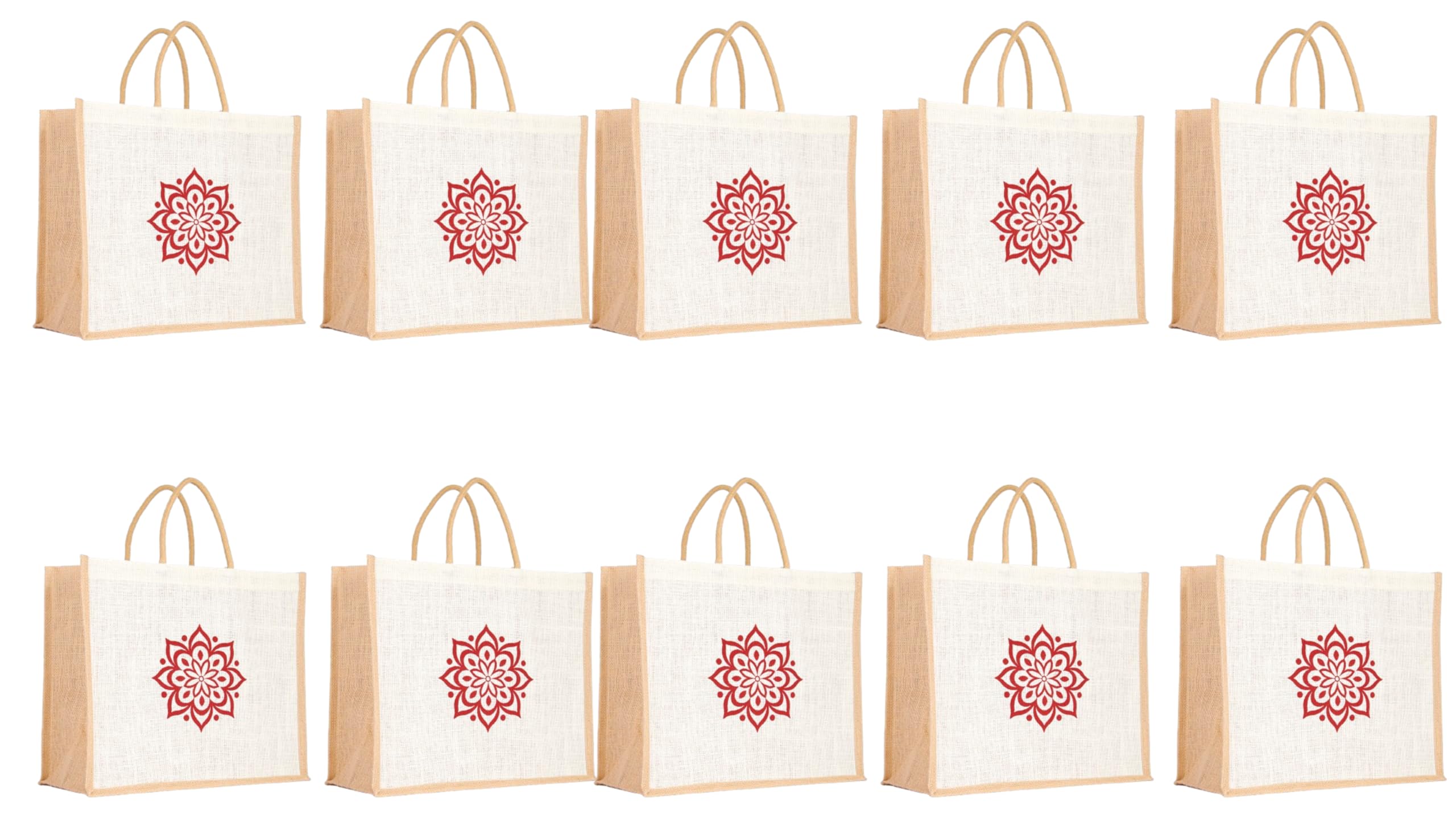 Soman Jute Ecofriendly Large(14x6x12inches) Return Gift Bags Rangoli Printed White Natural Pack of 10 Bags