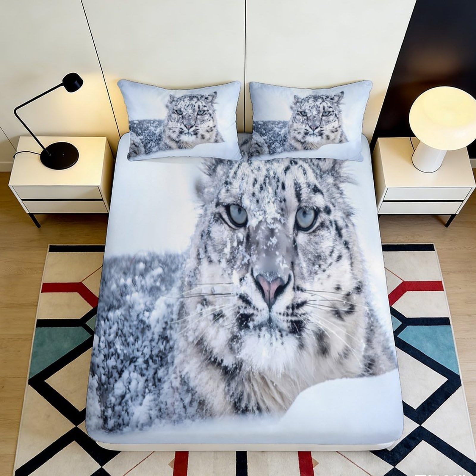 Pnayamiorkfel Style-4 3D Printed Snow Leopard Fitted Sheet Microfiber Soft Breathable Winter Animal Mattress Cover Bedroom Decor 90X200x25cm