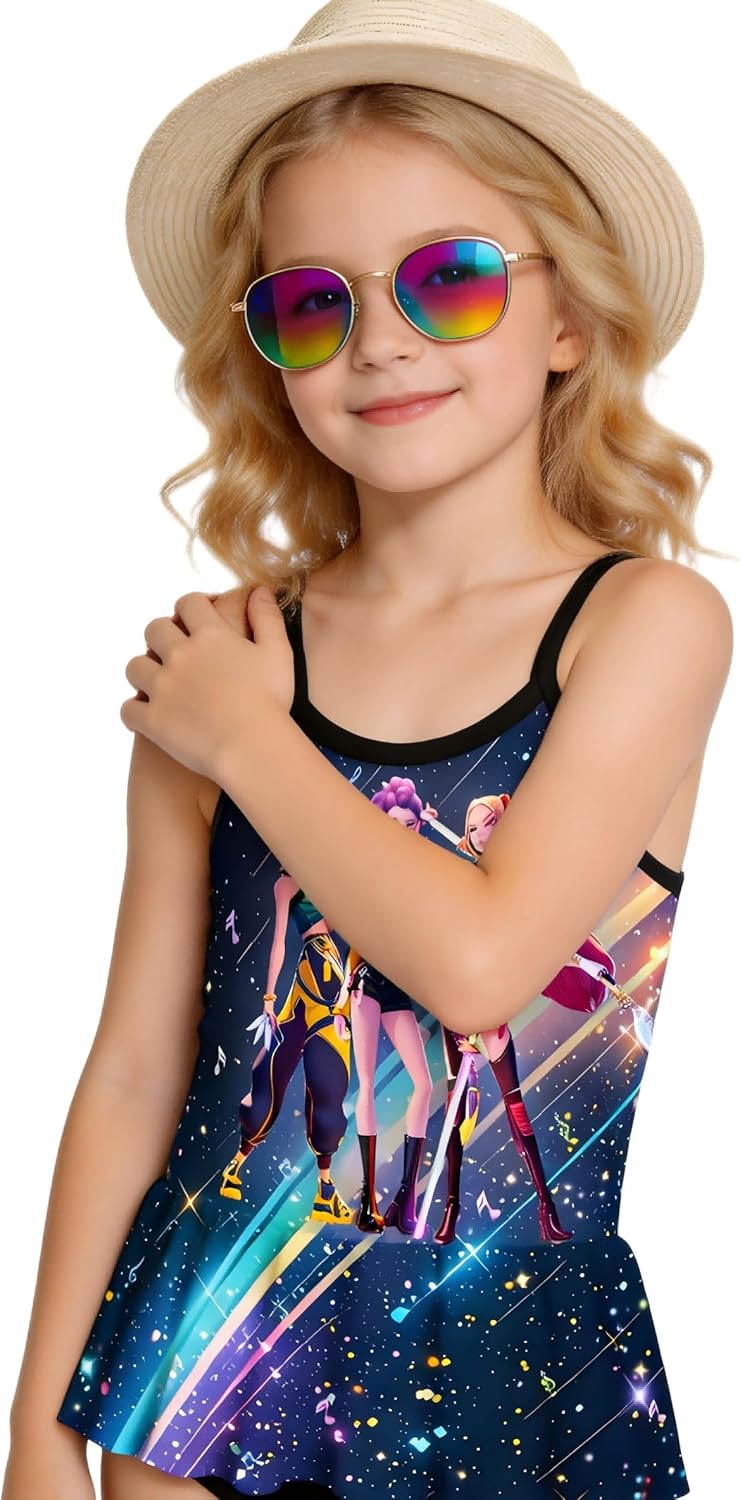 Girls K-popSwimsuit with Cap One-Piece Adjustable Straps Beach Pool Bathing Swimwear 4-12Y