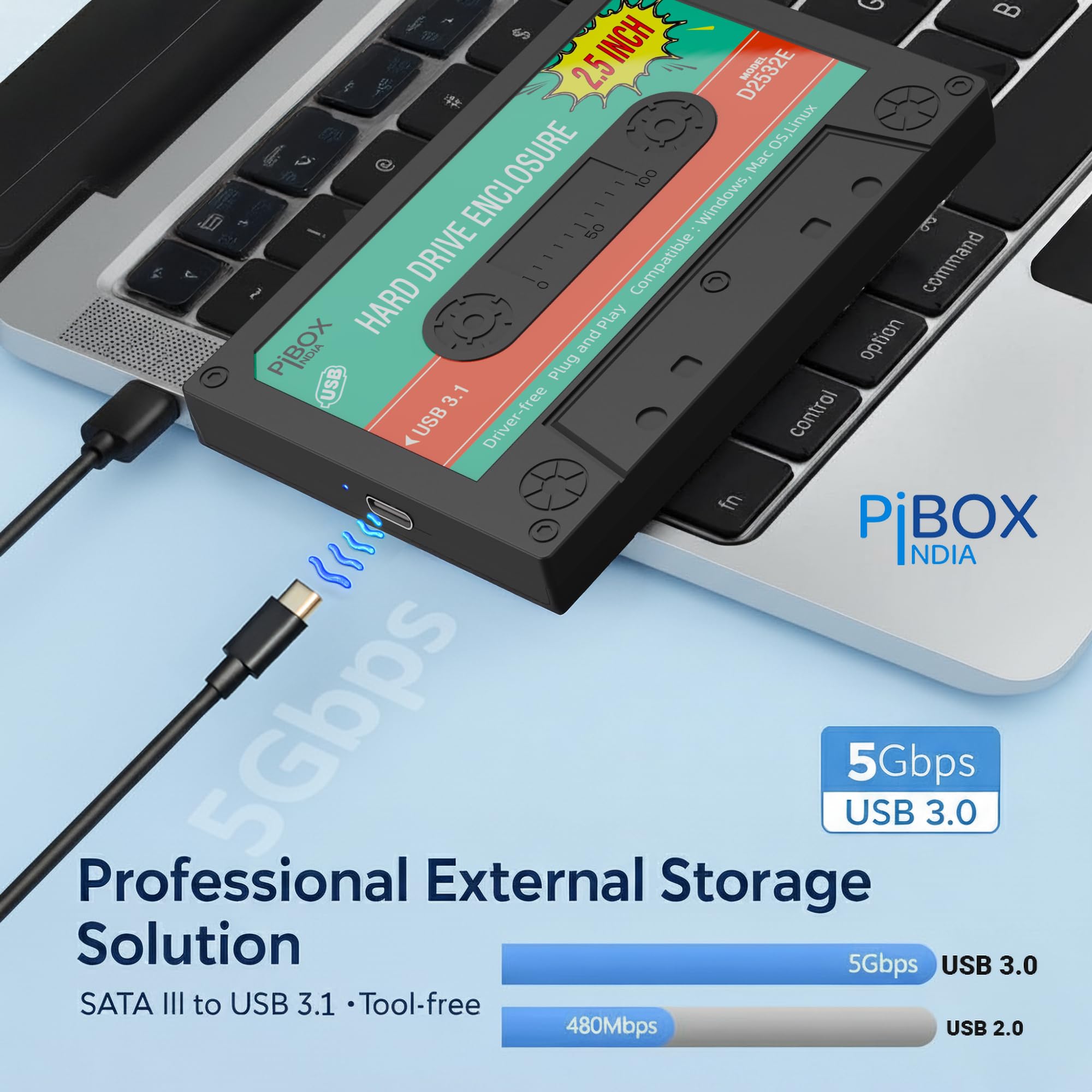 PiBOX 2.5 inch Hard Drive Enclosure Type C with OTG Adapter - Retro Casette, PiBOX India 6Gbps USB 3.1 to SATA III Tool-Free External Hard Drive Enclosure for 7mm/9.5mm 2.5" SSD Laptop HDD with UASP — Amazon image 5