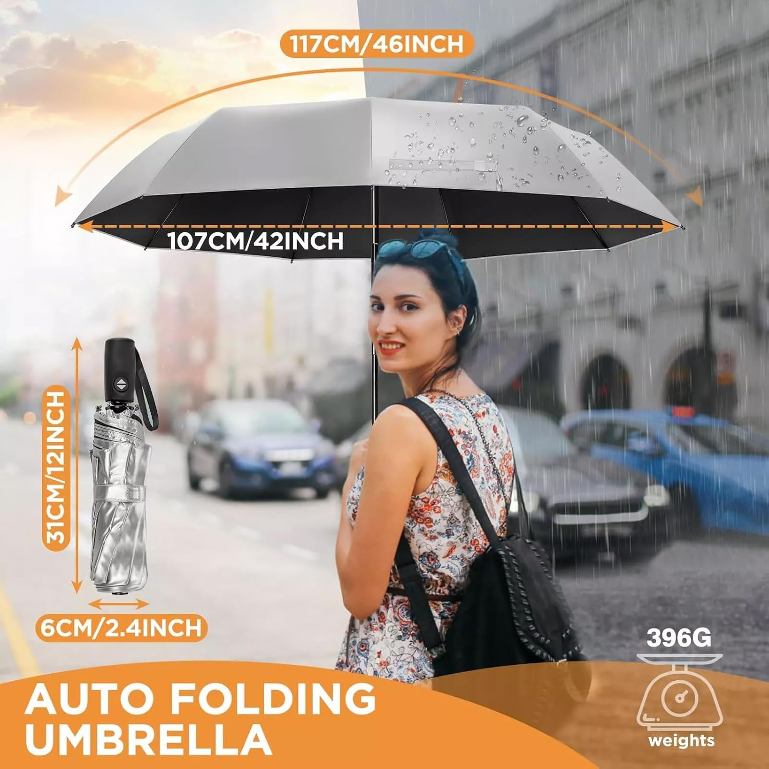 UPF 50+ UV Umbrella for Sun Protection Windproof Sun Umbrella with Titanium Coating Compact Lightweight Folding Umbrella for Travel Automatic Open Close