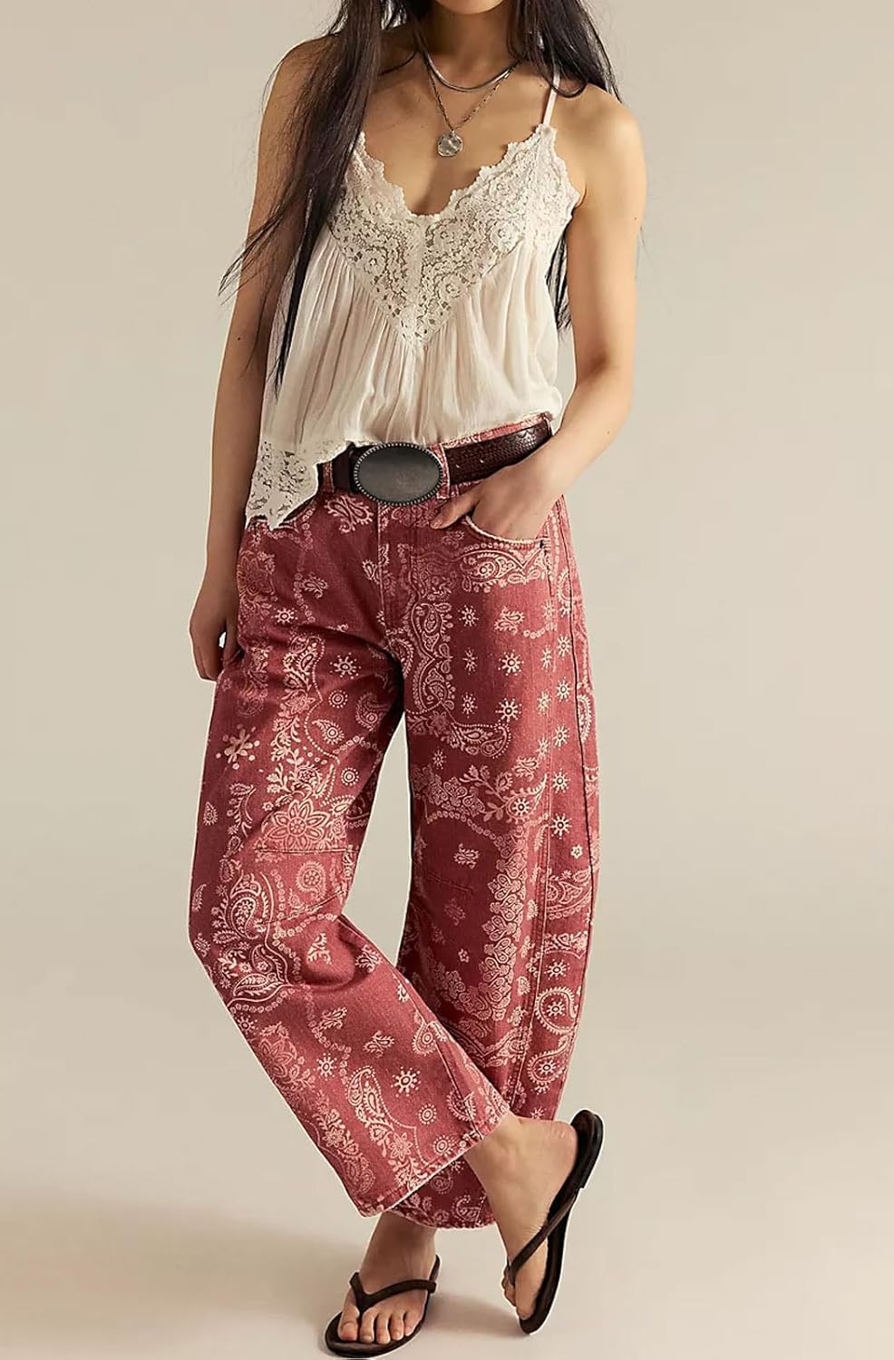 loveimgs Women Boyfriend Baggy Barrel Jeans Floral Print Denim Ankle Pants Wide Leg Mid Rise Jeans Sweatpants Y2k Patchwork - Image 2