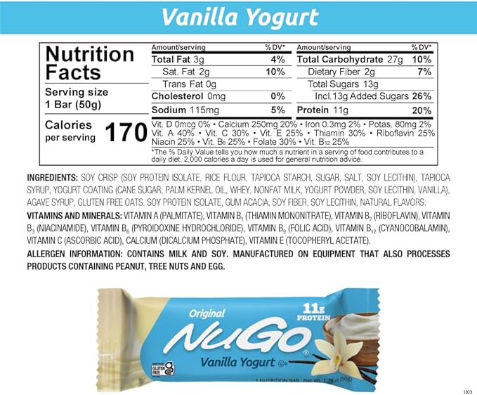 Barra de Proteína NuGo, Yogur Vainilla, 11g Proteína, Sin Gluten, 15 Unidades miniatura 6