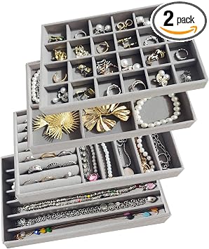 Stackable Jewelry Trays Organizer for Drawer Set of 4 Velvet Drawer Inserts Organizer Jewelry Organizers and Display Set for Earrings, Rings, Necklaces, Bracelets Gray