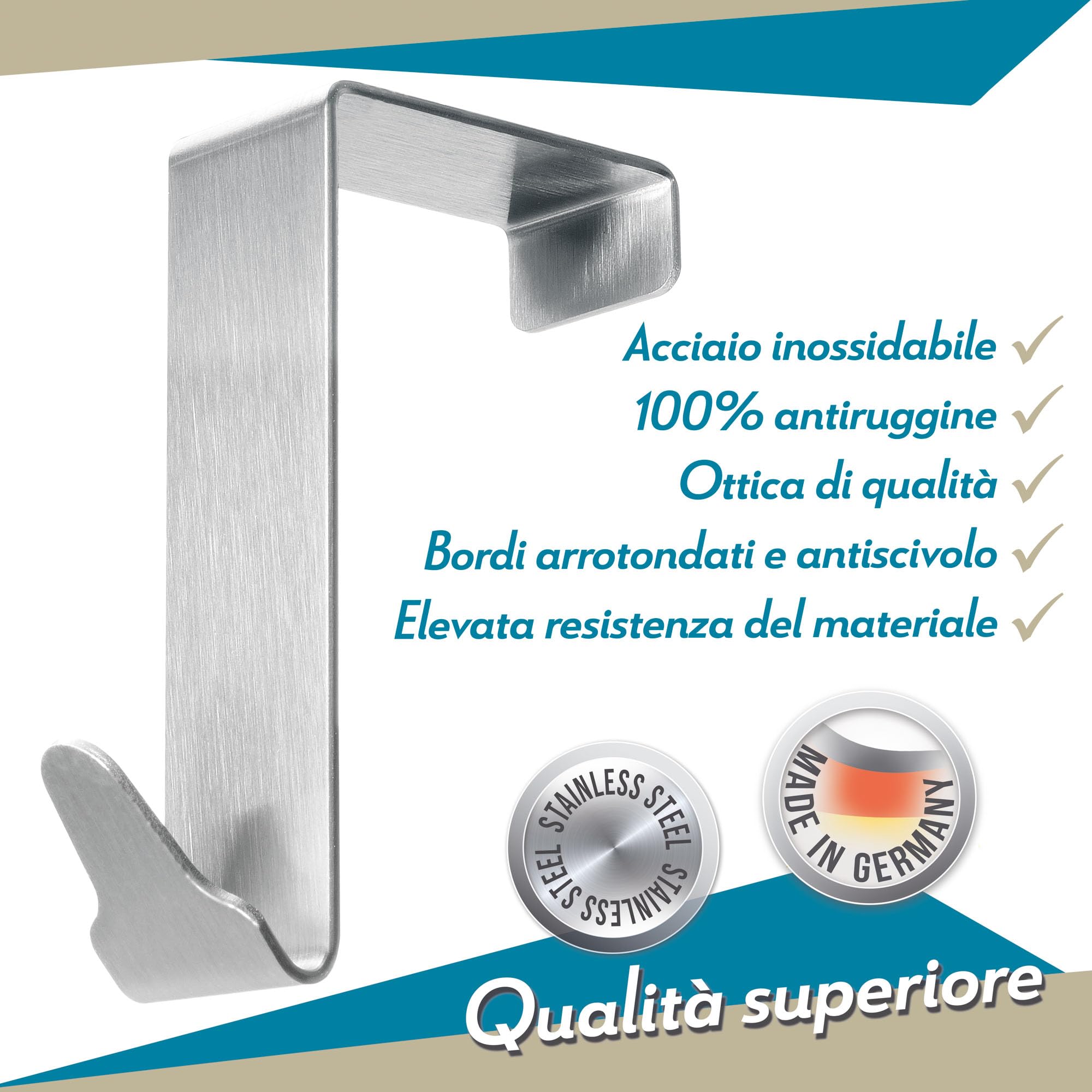 Menz Appendiabiti da Porta – 4 x ganci appendiabiti appendi abiti per porte 41 mm, inox – attaccapanni da porta
