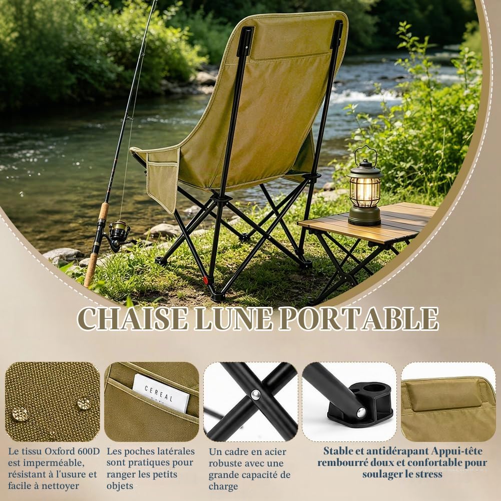 Chaise de camping pliable à dossier haut - 150 kg - Légère avec poches latérales - Dossier portable - Chaise de camping - Chaise de pêche - Chaise de plage - Pour extérieur, randonnée, jardin