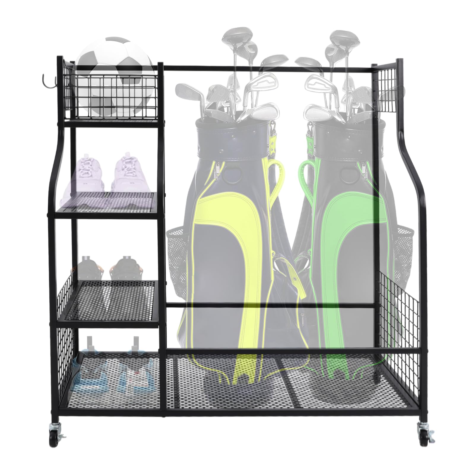 Golftaschen Golfschläger Organizer, Aufbewahrungsständer mit Halterung & Rollen für 2 Golftaschen & Golf-Zubehör, Golftaschenregal mit Haken & Korb