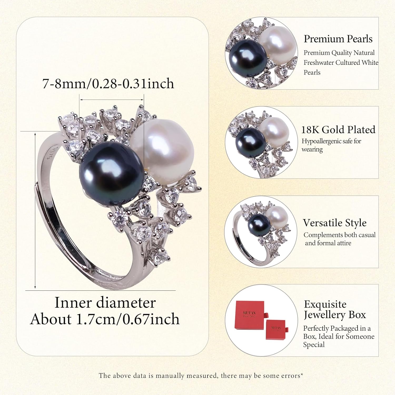 6-9 MM Natural Freshwater Cultured Pearl Ring for Women, 18k Gold-Plated and Sterling Silver, Ideal for Weddings Anniversaries Birthdays Parties Women's Jewelry Gift