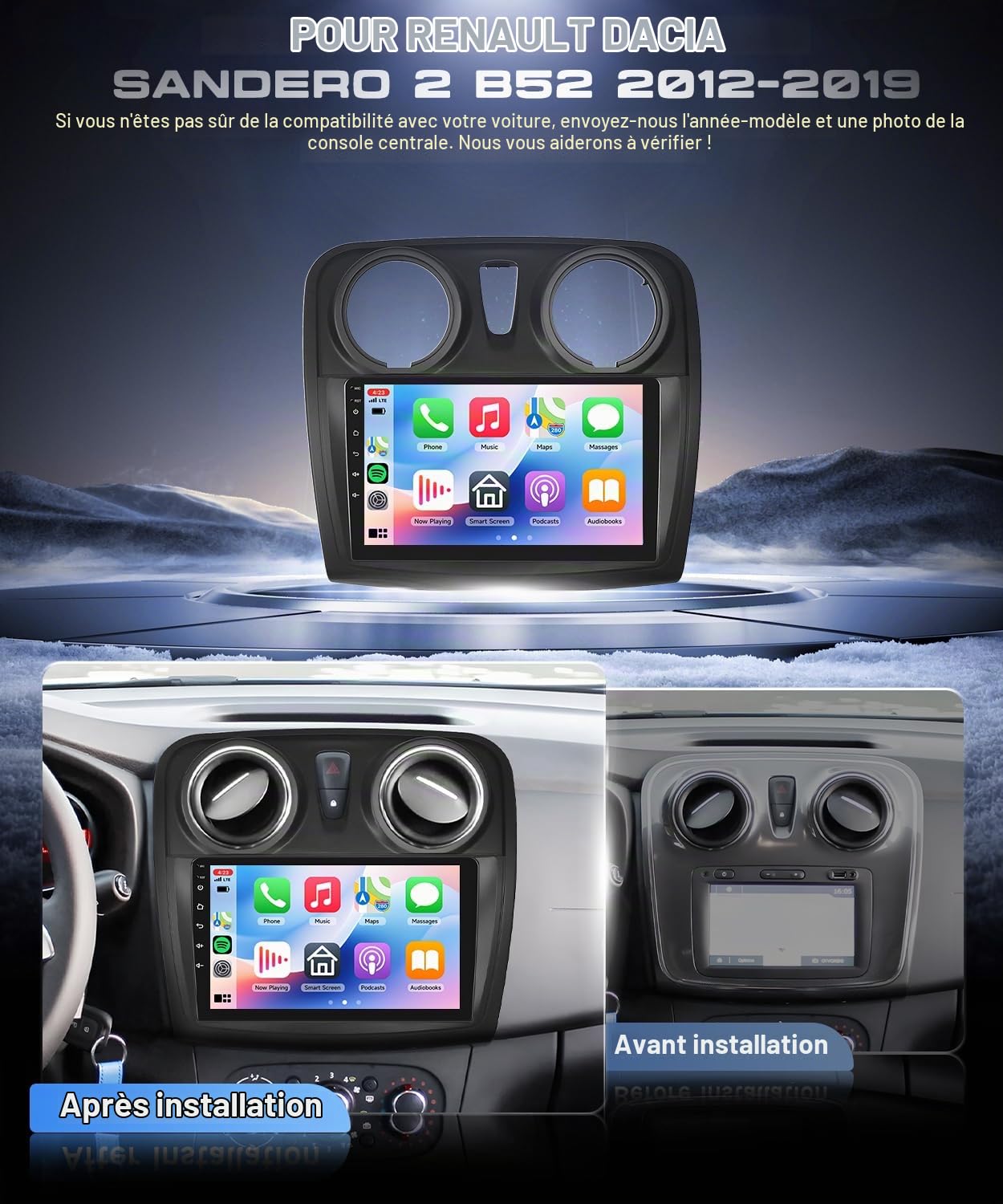 VECHTEL Autoradio 2G+64G Android 15 pour Renault Dacia Sandero 2 B52 2012-2019, 9'' IPS HD 1280*720P Écran Tactile Stereo Auto avec 5G WiFi Carplay Android Auto sans Fil Bluetooth EQ FM RDS USB Caméra
