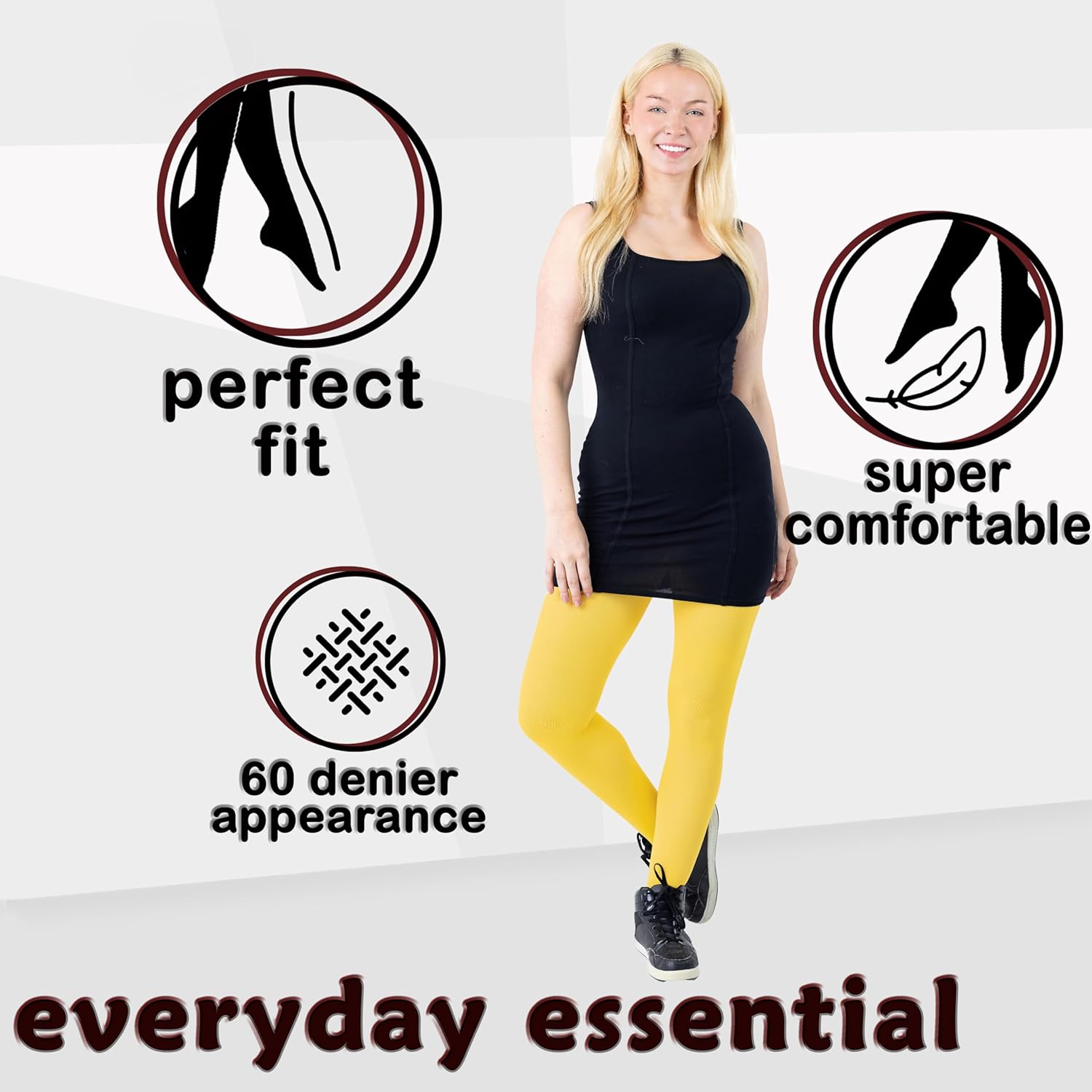 Silky Toes Women's 60D Soft Opaque Tights 1 or 2 Pairs -Black White And Colored Stockings for Women (Bright Yellow, E) - Image 3