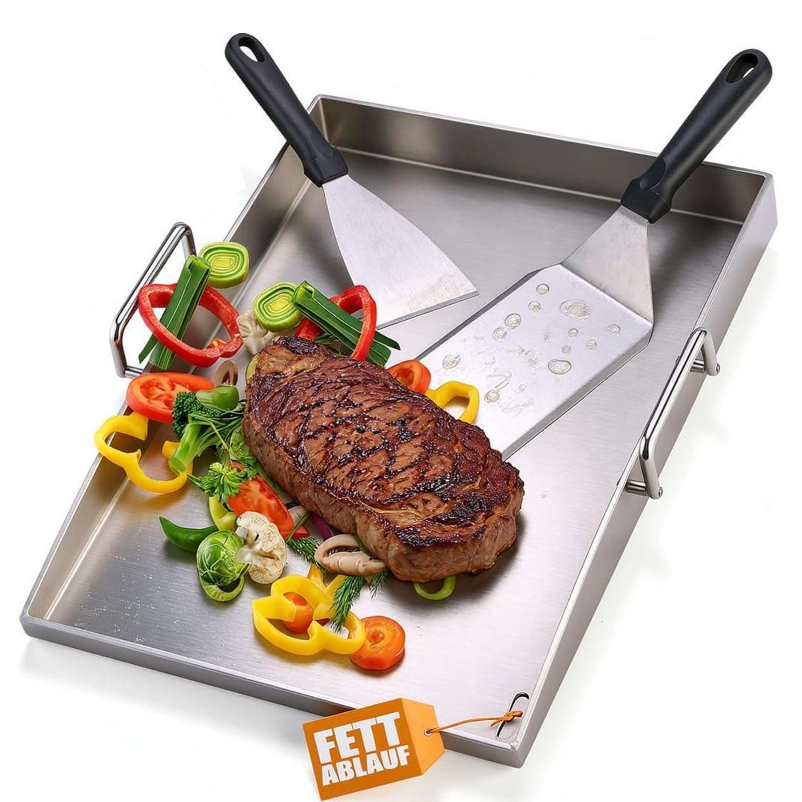 Premium Plancha Grillplatte Set - 40 x 30 cm - Grillplatte für BBQ Gasgrill & Kohlegrill - 4mm Dicke Plancha Gasgrill - Edelstahl mit Grillspachtel Set