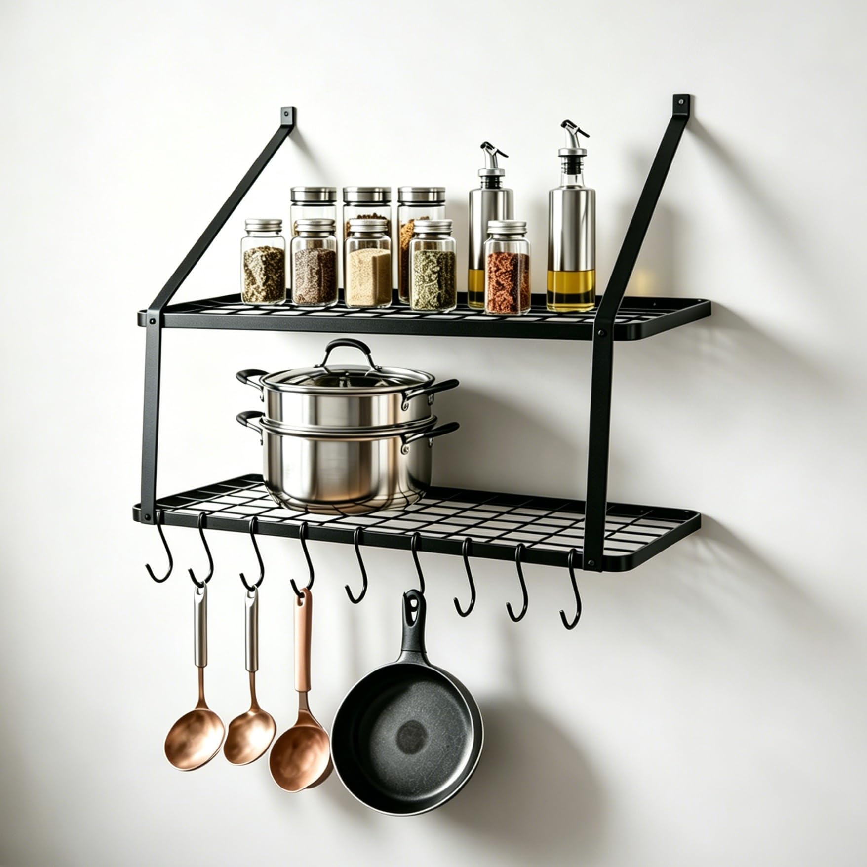 TOQUE Wall Mounted Pot Rack, Metal Pan Rack with 10 Movable Hooks, Heavy Duty Kitchen Shelf & Hanging Pan Organizer, Black Shelving for Kitchen Bathroom Balcony Storage, 75x35x59cm