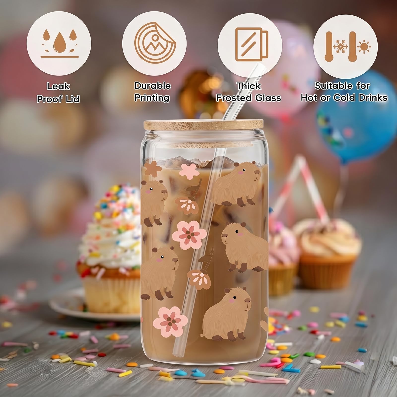 Capybara Tazza, Bicchiere con Coperchio E Cannuccia, Motivo Capybara E Fiori, Vetro A Tema Animale per caffè, Contenuto 470ML, Bicchiere Cartoon(B)
