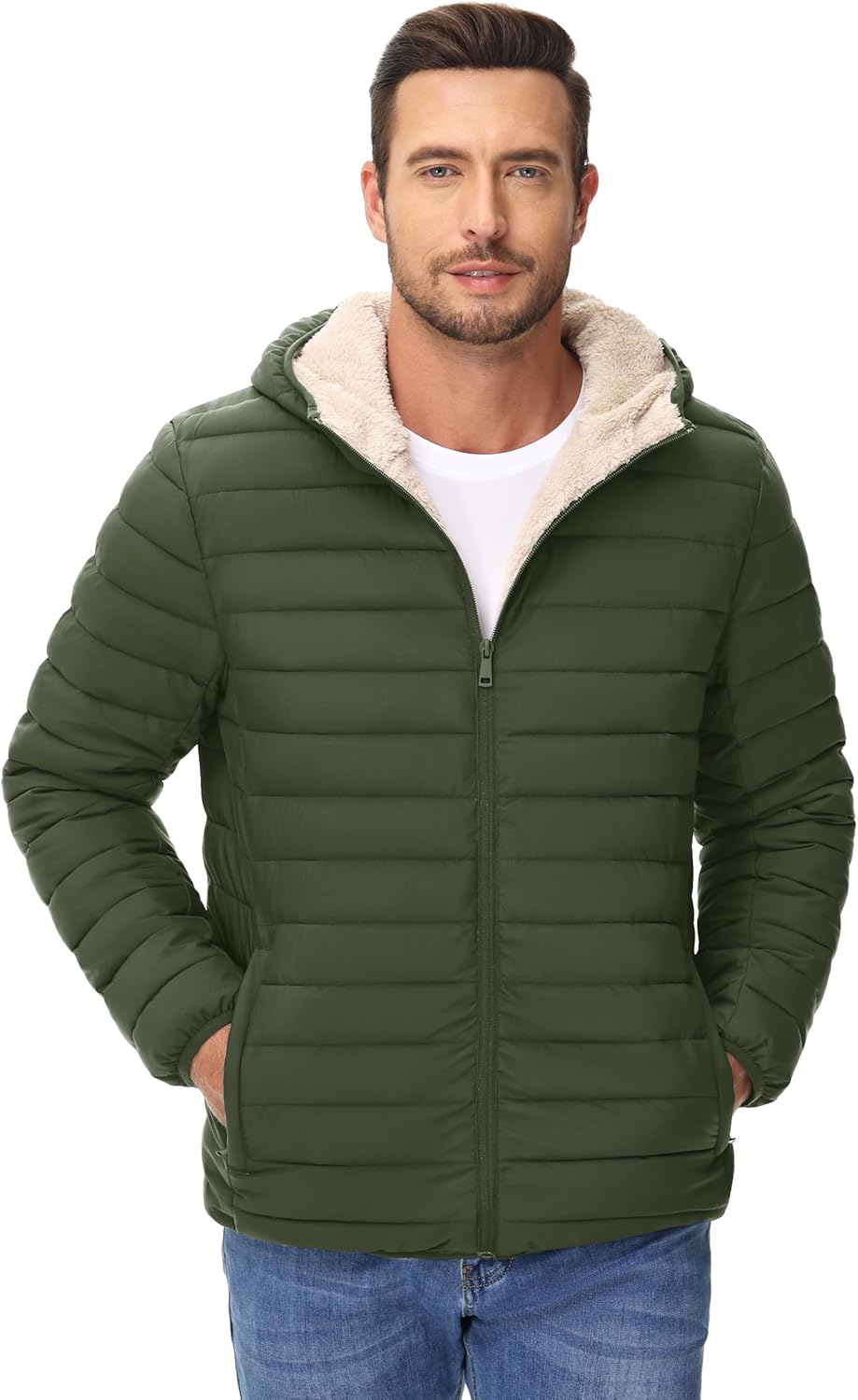 Cotrasen Mens Puffer Jacket Sherpa Lined Water Resistant Hooded Full Zip Mid-Weight Warm Insulated Winter Coat - Image 8