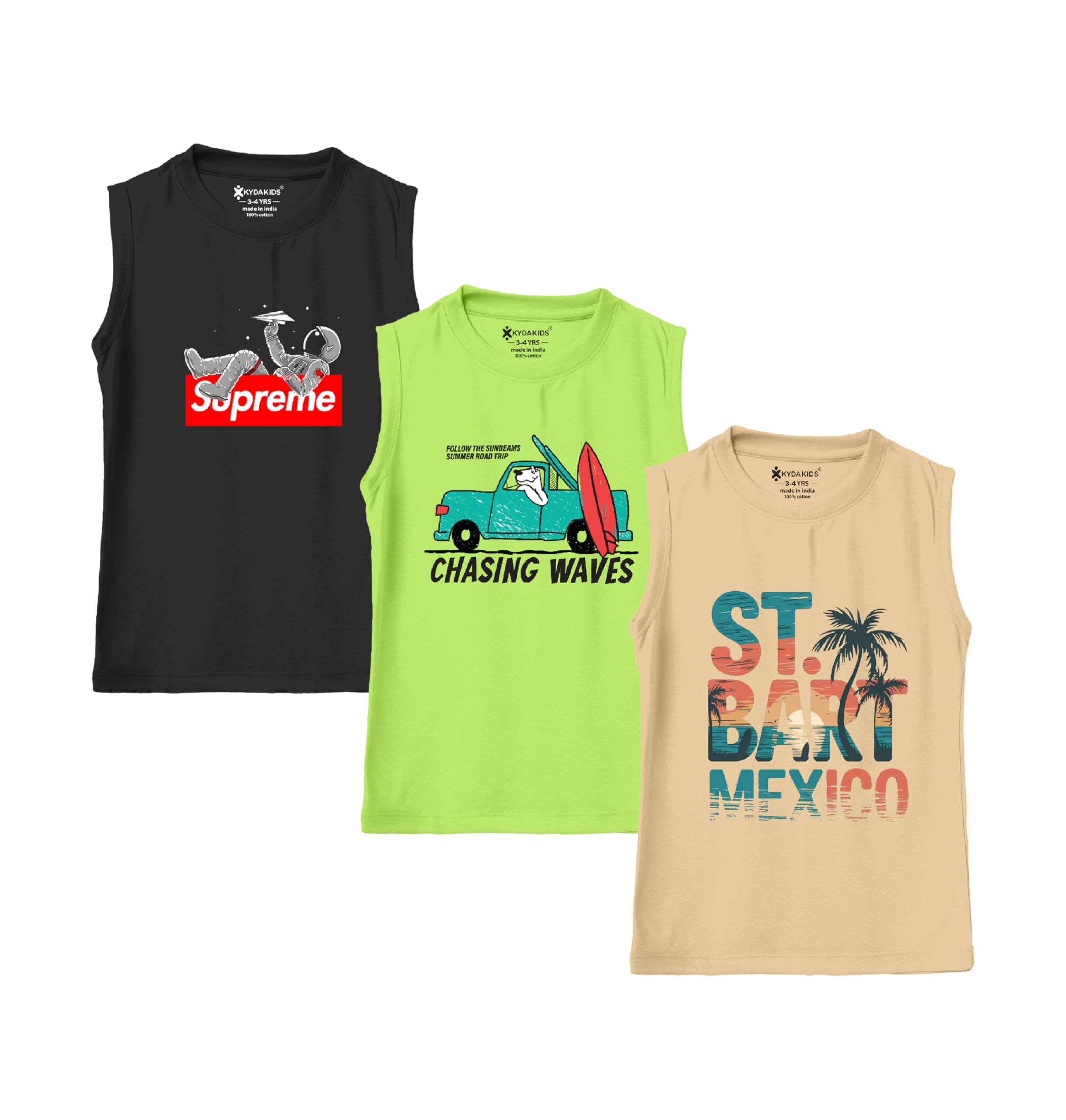 KYDA KIDS® 100% bawełna, bio sprana, wysokiej jakości nadruk, chłopięca koszulka bez rękawów, luźny krój, antybakteryjna kamizelka chłopięca, 3 szt