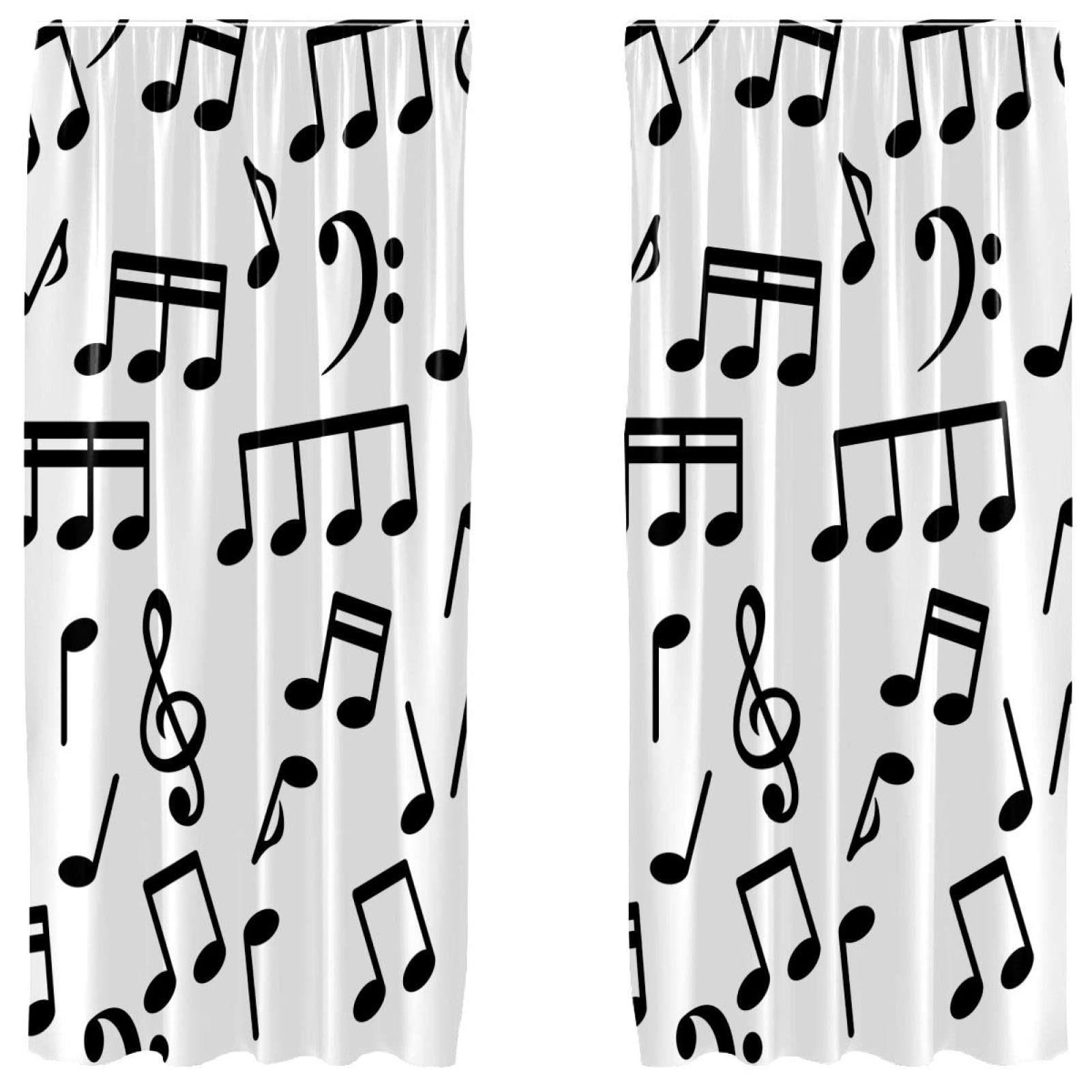 Cortinas de notas musicales para sala de estar en blanco y negro, 55x84