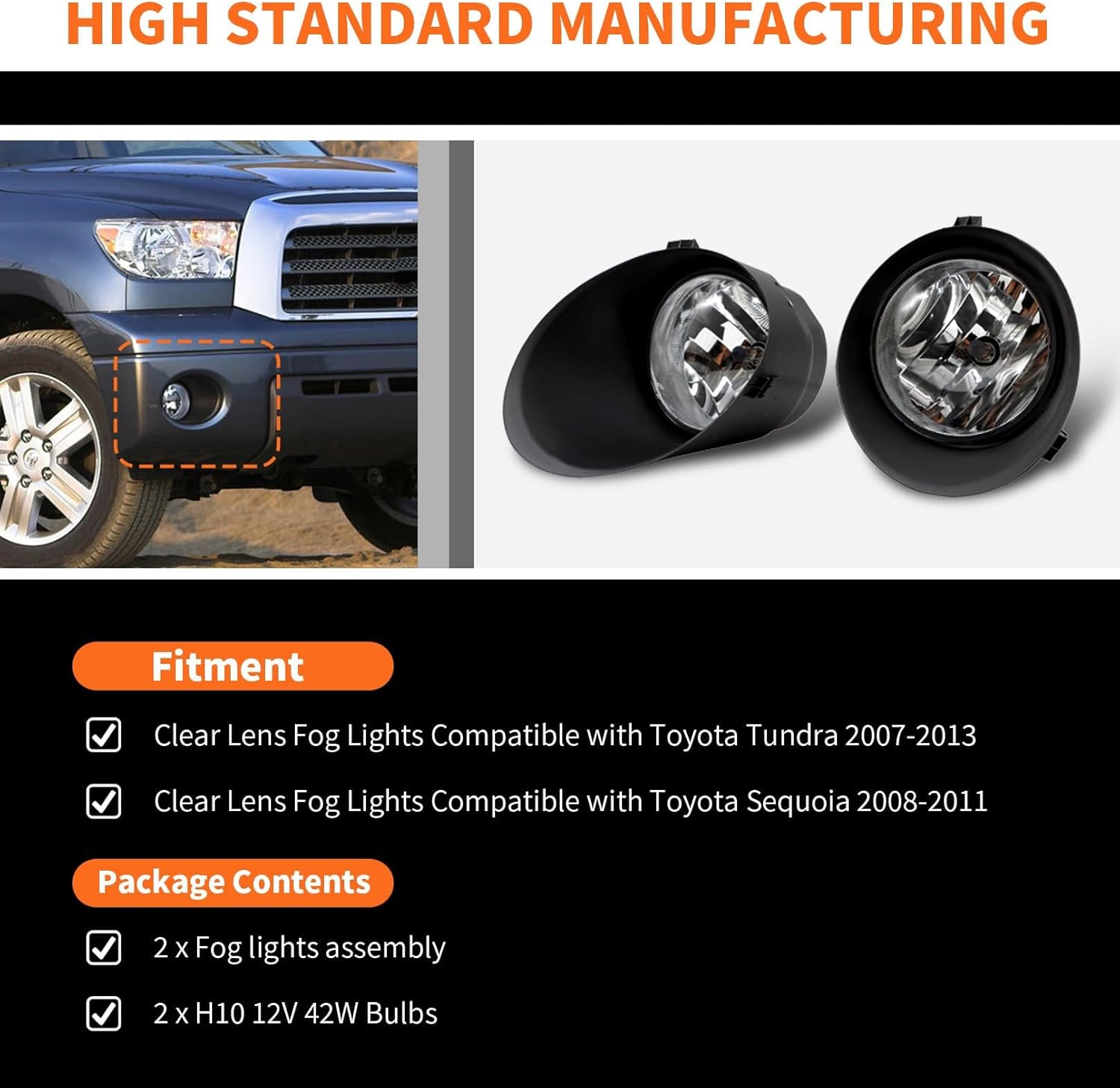 2Pcs Bumper Fog Lights Assembly Compatible with 2007-2013 Tundra 2008-2011 Sequoia Clear Lens Fog Lamp w/H10 12V 42W Halogen Bulb