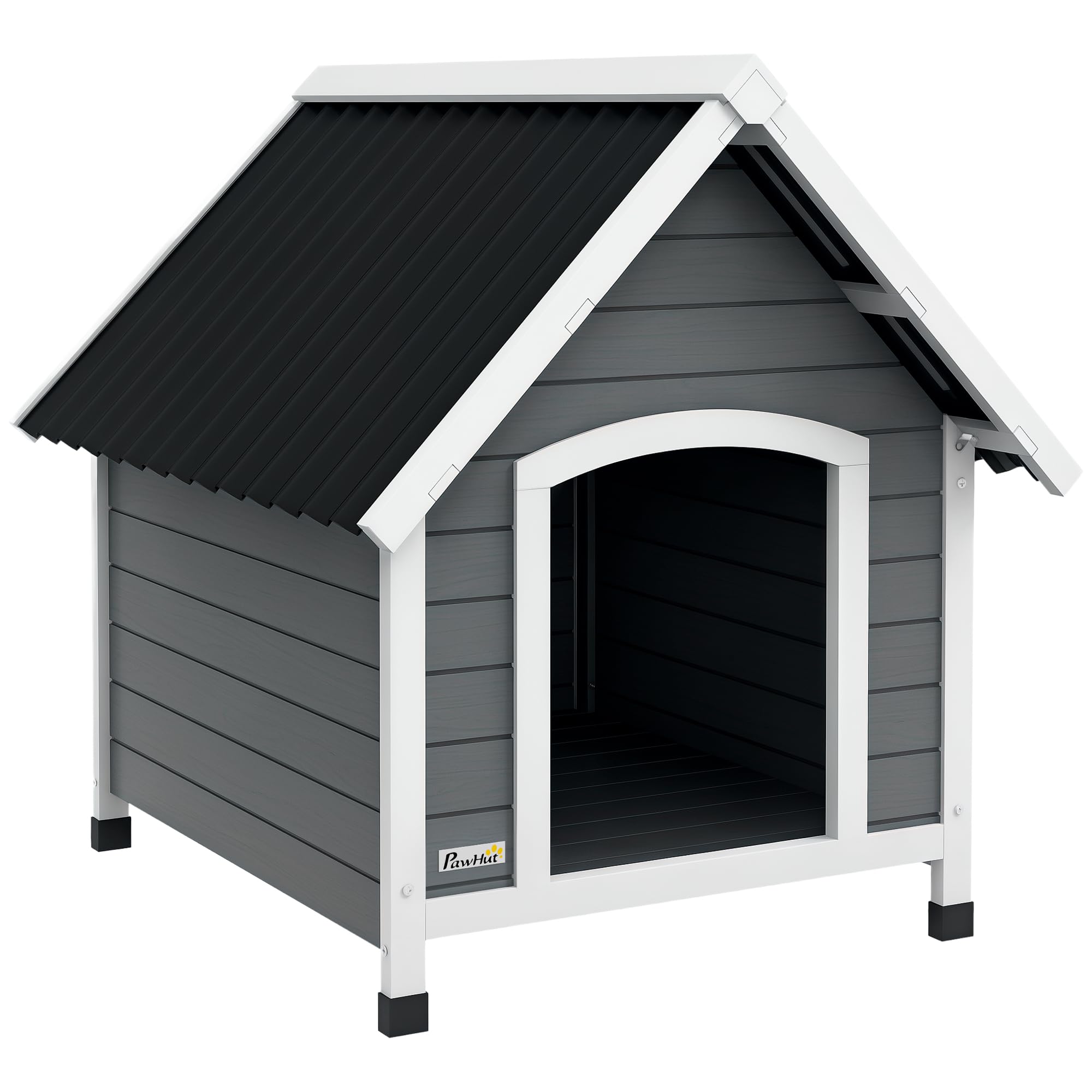 PawHut Caseta para Perros 75x88x82 cm Casa para Perros de Exterior con Techo de Tejas de Imitación Base Elevada Suelo Desmontable y Marco de Madera Gris 152/200