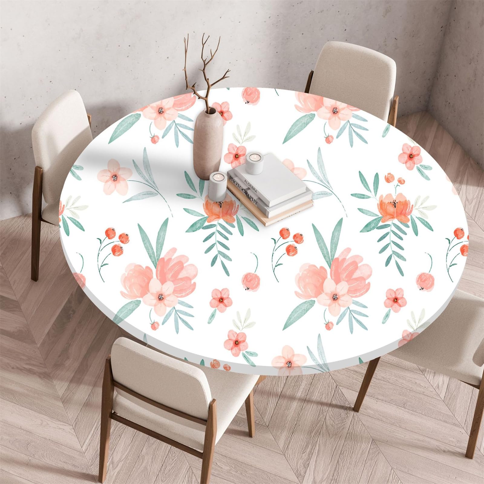 Muiuou Round Tablecloth, Flower Printing Waterproof Wipeable Table Cover Elastic Edge, Reusable Round Table Cover Cloth, Fitted Kitchen Restaurant Home Decoration