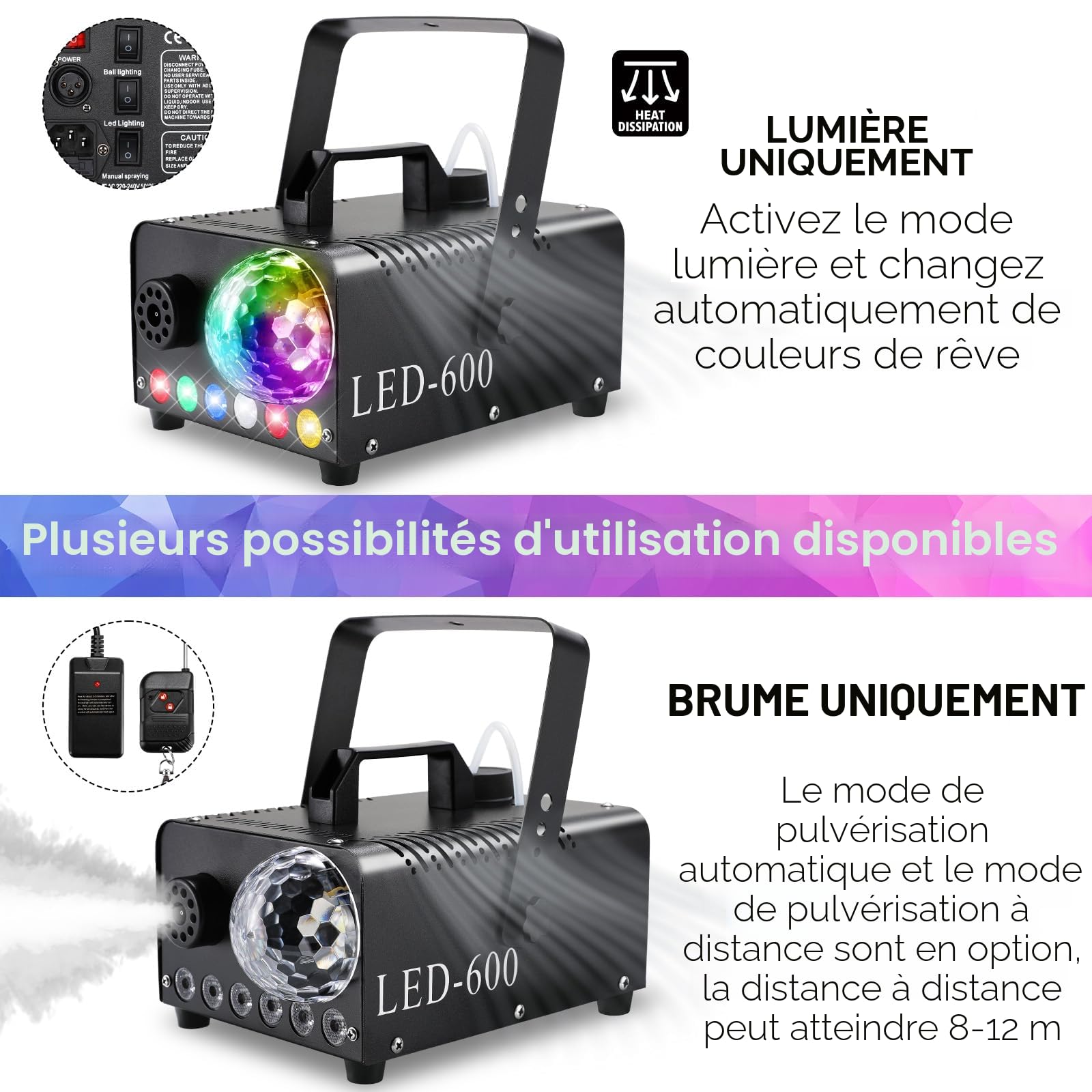 MAMIZO Machine à Fumée avec Boule Disco, 6 LED RGB, 600W 5000 CFM Fumée Halloween, avec Fonction Auto-Spray, DJ Light, Machine à Brouillard, Idéale pour Halloween, Noël, Mariages et Fêtes
