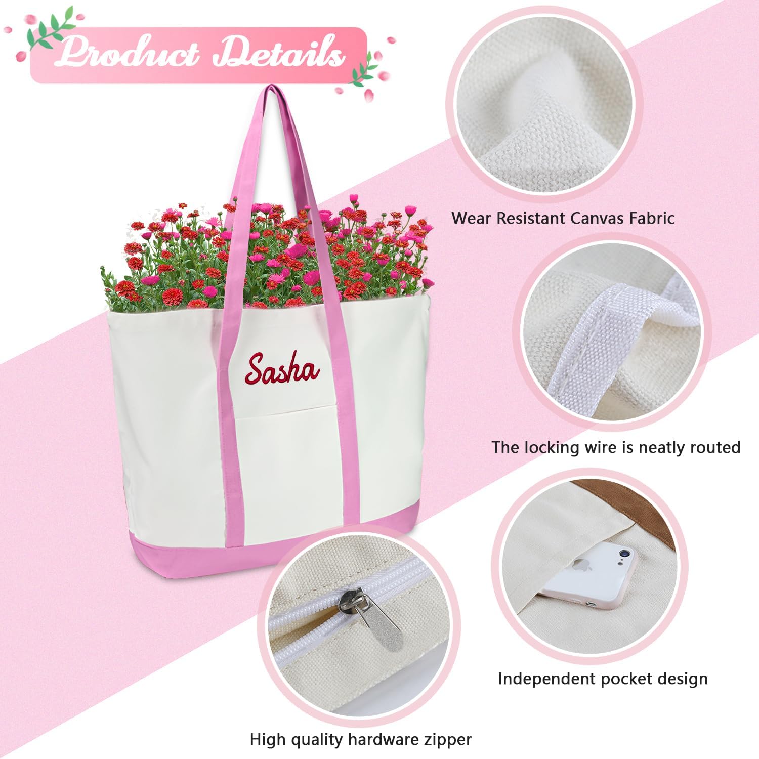Ulico Personalized Canvas Tote Bag,Custom Blank Tote Bag for Women with Embroidered Name, Reusable Grocery Shopping Bag, Top Zipper Closure, Daily Essentials - Image 4