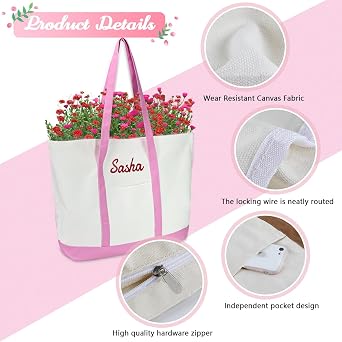 Personalize Canvas Tote Bag Embroidered Name,Custom Canvas Present Bag,Top Zipper Closure, Daily Essentials