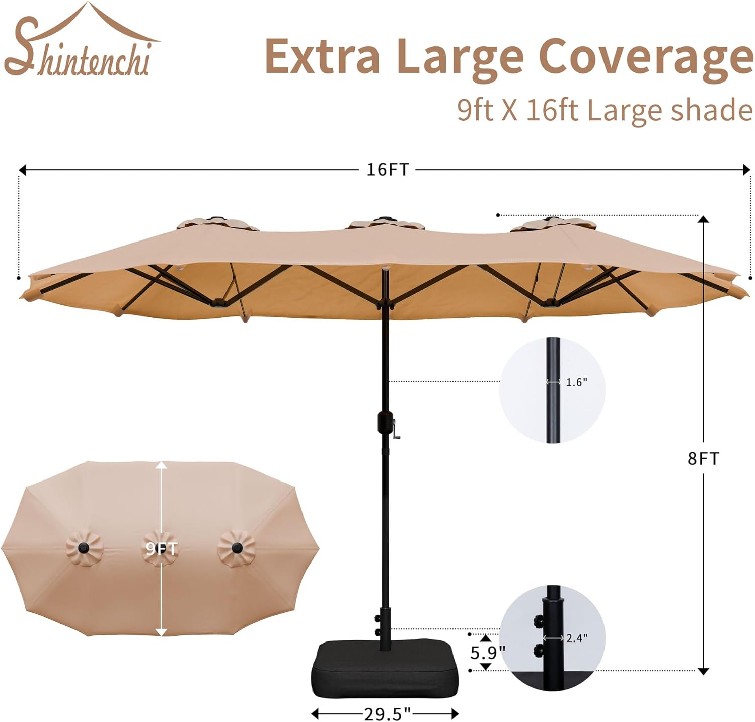 Shintenchi 16FT Large Patio Umbrella with Base Included, Outdoor Double-Sided Rectangular Shade with Crank Handle for Poolside Lawn, Deck & Garden, Khaki