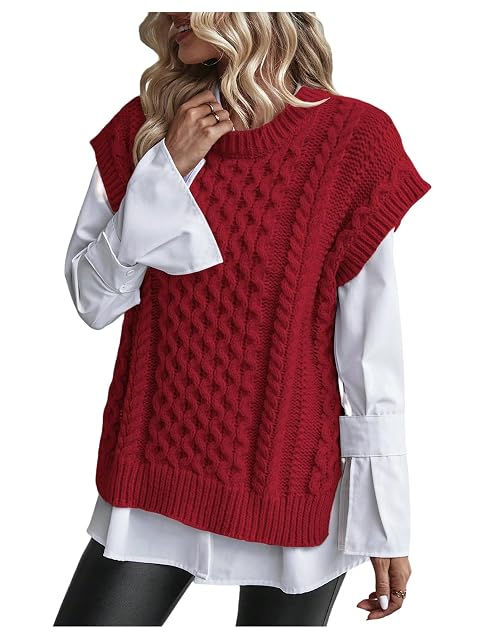 WDIRARA Womens Cap Sleeve Sweater Vests Crew Neck Split Side Pullover Knit Tank Tops