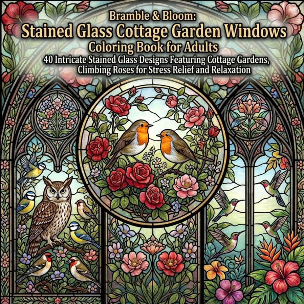 Bramble & Bloom: Stained Glass Cottage Garden Windows Coloring Book for Adults: 40 Intricate Stained Glass Designs Featuring Cottage Gardens, Climbing ... for Relaxation and Creative Expression