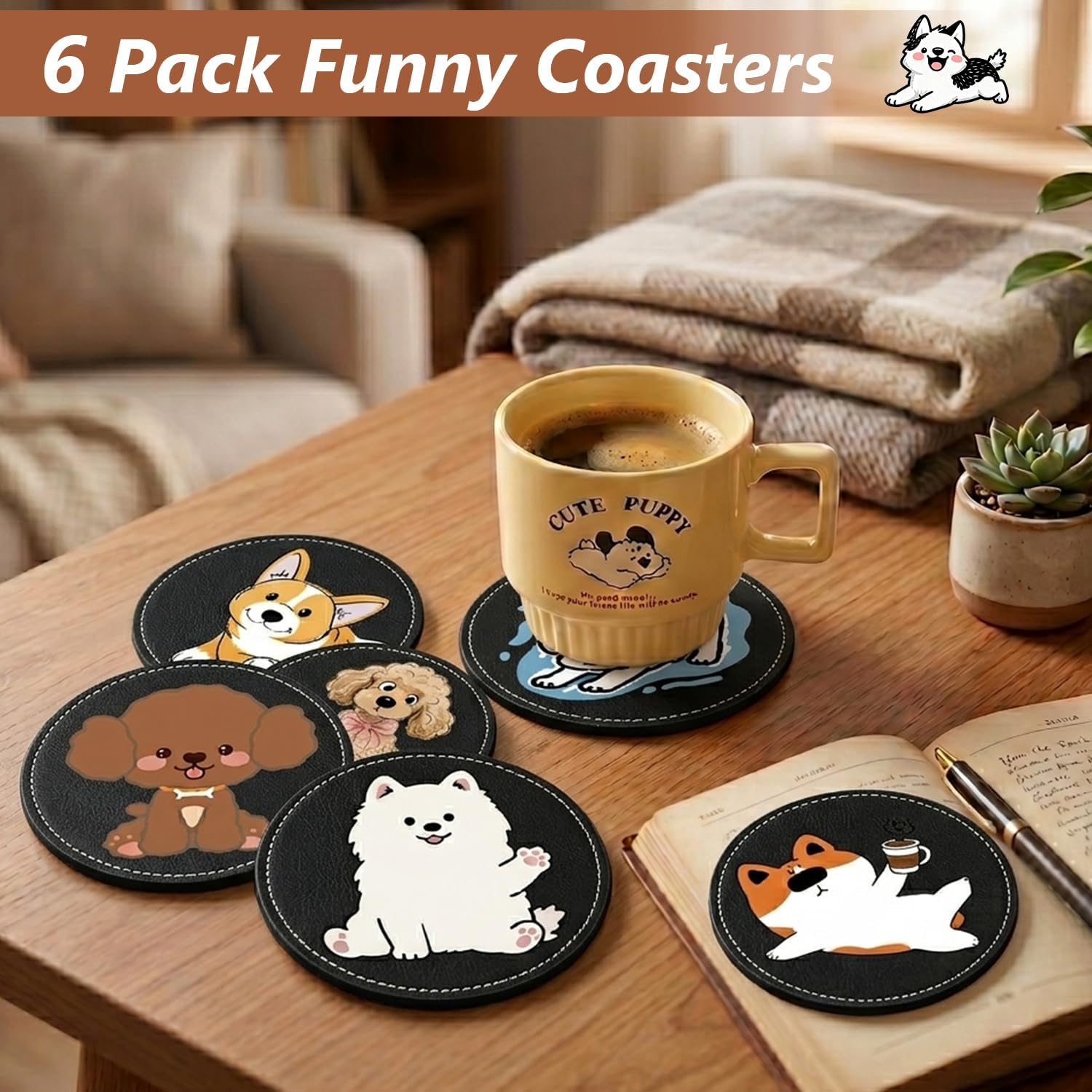 6 Pack Cute Dog Leather Coasters for Drinks, 3.9 Inch Round Drink Cup Mats, Heat Resistant Coasters for Table Protection, Funny Pet Lover Gifts for Men Women image 3