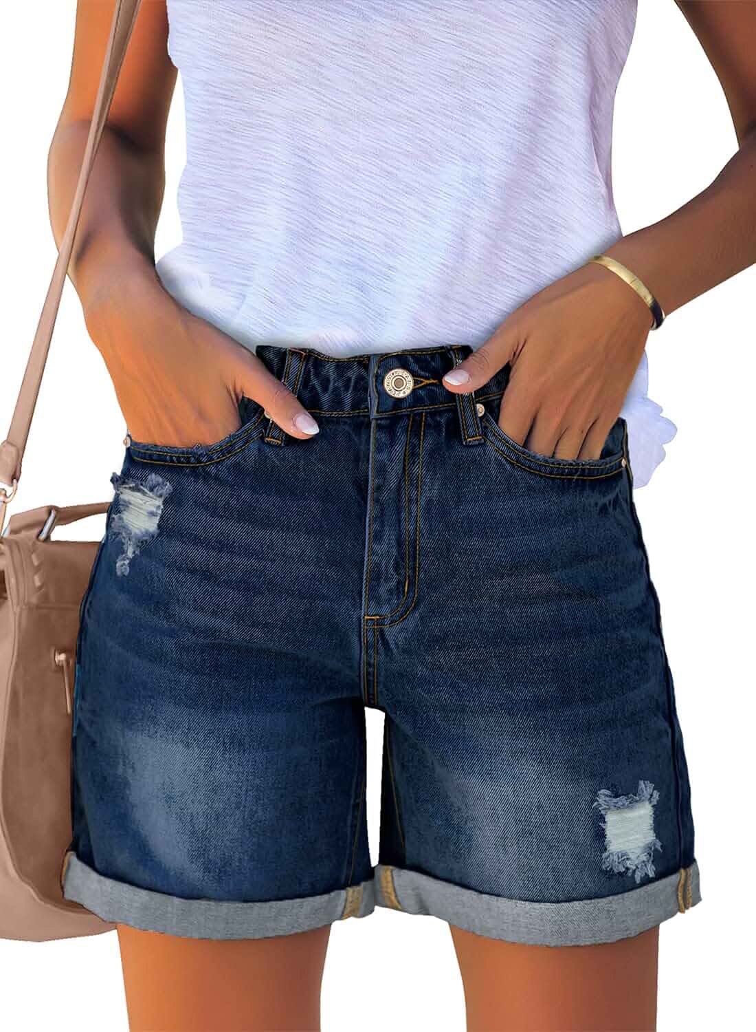 luvamia Jean Shorts Women High Waisted Rolled Hem Casual Ripped Denim JortsStretchy Denim Shorts, Mid Thigh, High Rise, Distressed Jean Shorts, Cuffed Hem, 5.5 Inch Inseam, Summer Outfits for Women