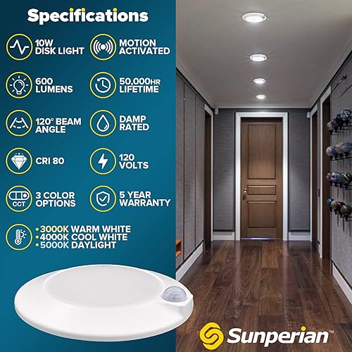 Miniatura 6 de SUNPERIAN Lámpara de techo LED con sensor de movimiento de 4 pulgadas, tiempo de espera de 30 segundos, 3 opciones de color 3000 K4000 K5000 K, 10