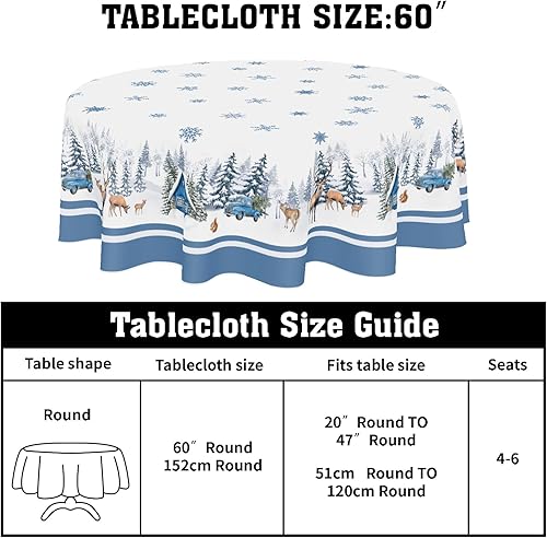 Miniatura 2 de Mantel redondo de Navidad azul de 60 pulgadas para decoración de árbol de invierno, bosque, ciervo, pino, copo de nieve, mantel de tela lavable para