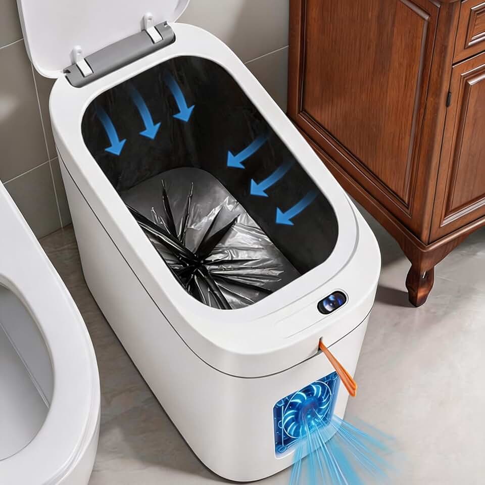 3.5 Gallon Automatic Bathroom Trash Can with Lid, Small Slim Smart Motion Sensor Garbage Bin with Auto Bag Suction &amp; One-Pull Self Sealing, Touchless Waste Basket for Bedroom, Office, Kitchen, Rv
