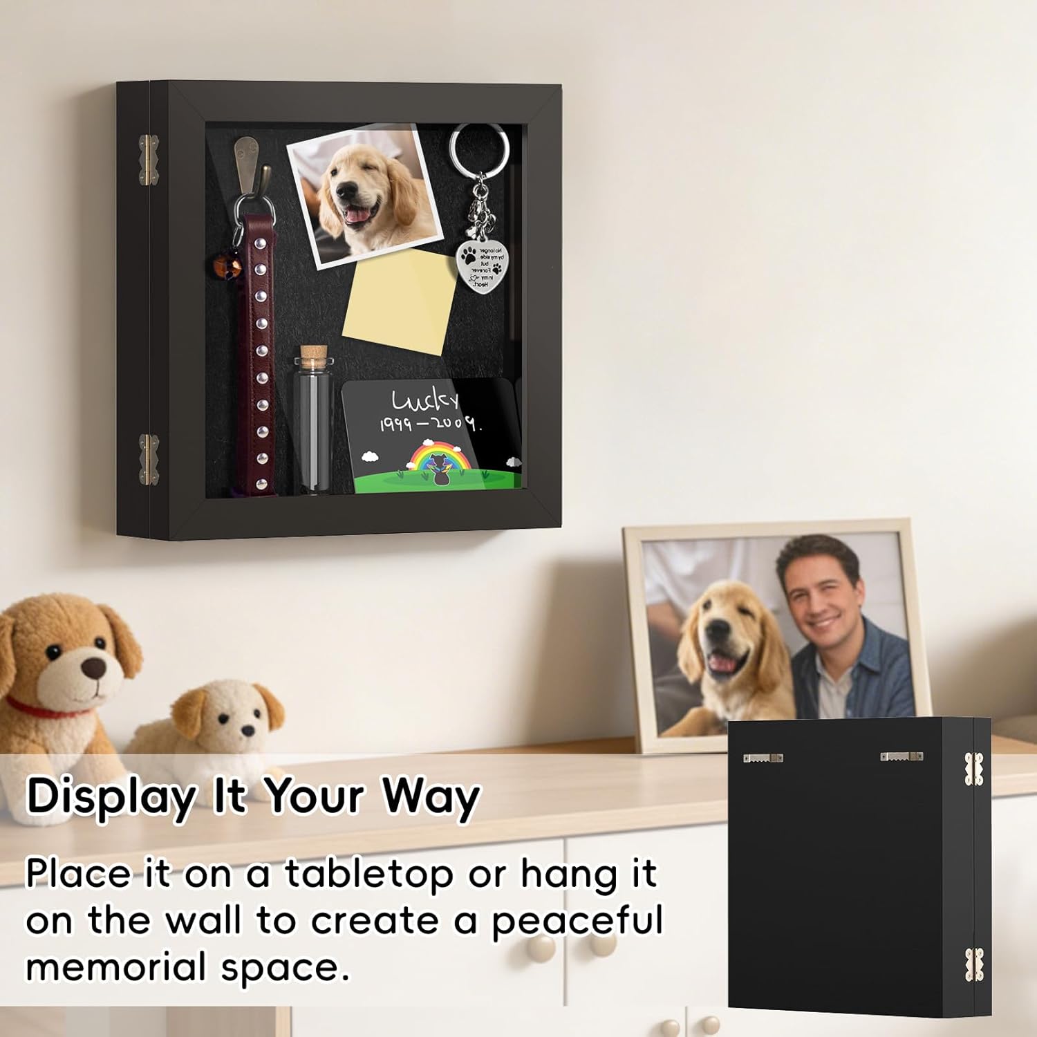 Pet Memorial Shadow Box for Dog or Cat, Wooden Pet Memorial Box with Collar Holder, Keepsake Bottle & Memorial Plaque, Pet Loss Sympathy Gift, Tabletop or Wall Display