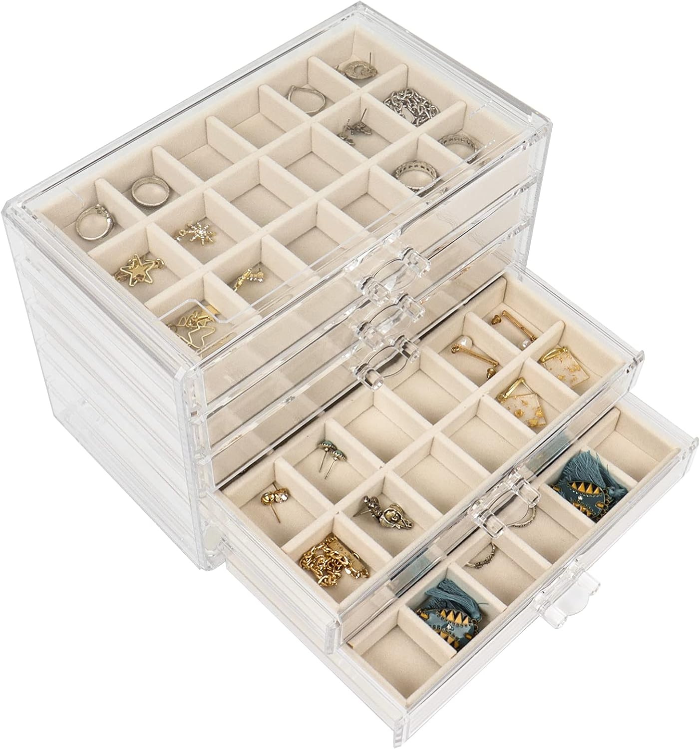 Nwvuop Acrylic Jewellery Box with 5 Drawers Adjustable Earring Storage Holder Clear Jewellery Storage Organiser for Rings Earrings Necklace Makeup Cosmetic Storage Box Beige - Image 5