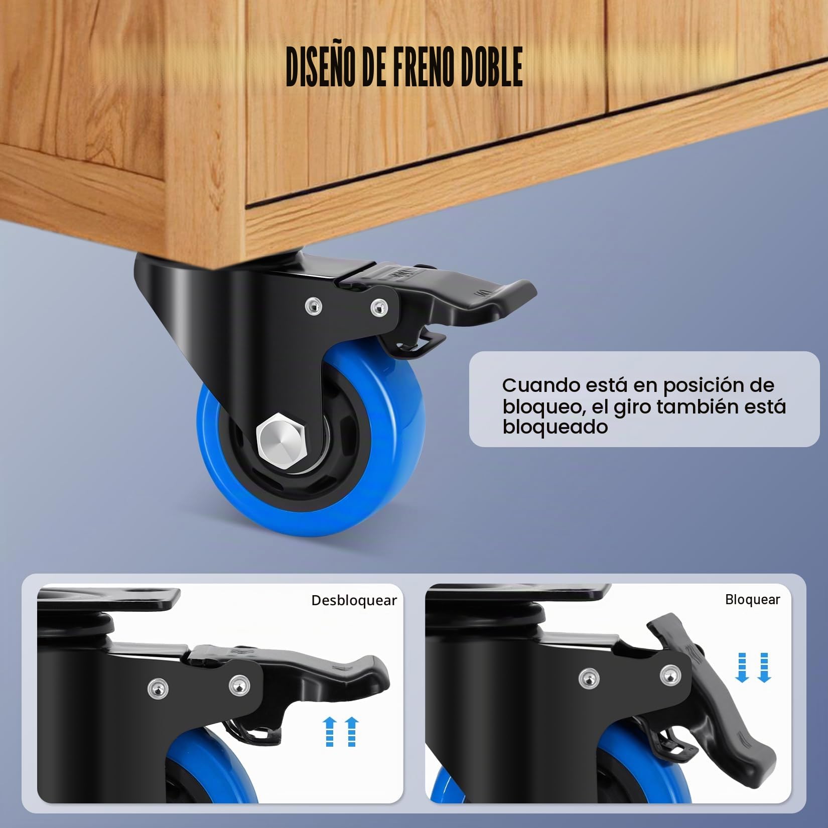 75mm Roulettes Pivotantes, Roulettes para Muebles Pesados con Doble Frein de Bloqueo, 360 Grados Poliuretano Ruedas Pequeñas Carga 540KG, Ruedas para Mover Muebles, Carros, Taller, Lot de 4