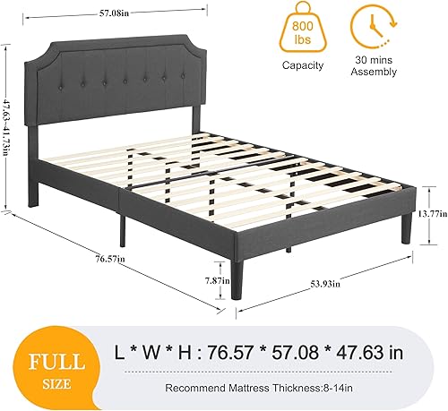Miniatura 105 de VECELO Base de cama de plataforma de tamaño matrimonial con cabecera tapizada de tela y soporte de listones de madera, no necesita somier, fácil