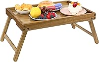 Vista 2 de VaeFae Bandeja de mesa de cama de acacia, bandeja de desayuno de madera con patas plegables, bandeja de cama para comer y computadora portátil