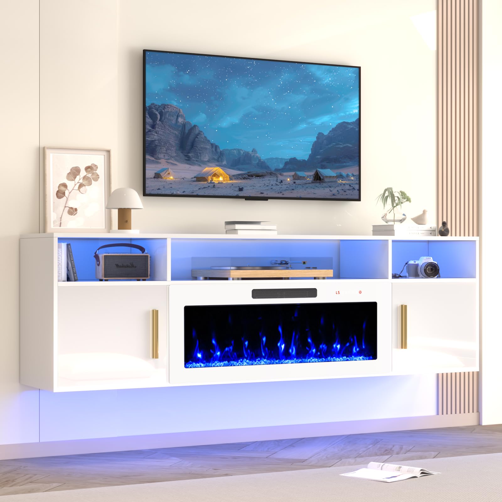 VENDORZ Floating TV Stand with Fireplace, 70" Floating Entertainment Center with White Fireplace, Wall Mounted Electric Fireplace TV Stand for Living