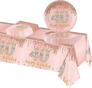 POPOYU 37 Pcs Rose and Gold 40th Birthday Tableware Set,Happy Birthday Disposable Dinnerware Set,Rose Gold Paper Plates 9 Inch Napkins Table Cloth for ,,Her 40th Birthday Gifts Party Supplies