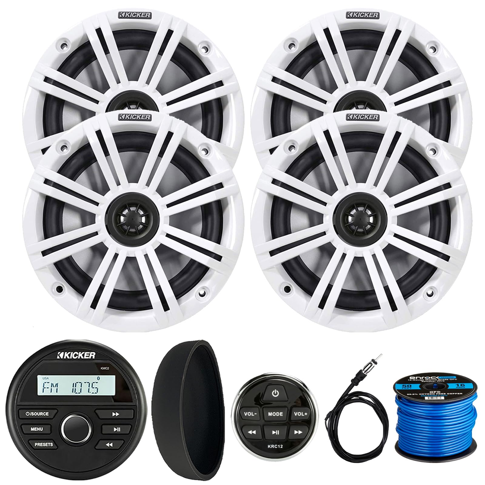 KICKER 46KMC2 Marine Bluetooth All-Weather AM/FM USB/AUX Gauge Style Media Center Receiver W/Black Cover & Remote Control, 4X 6.5 195W Max Power Coaxial Speakers W/White Grille, Antenna, Wire