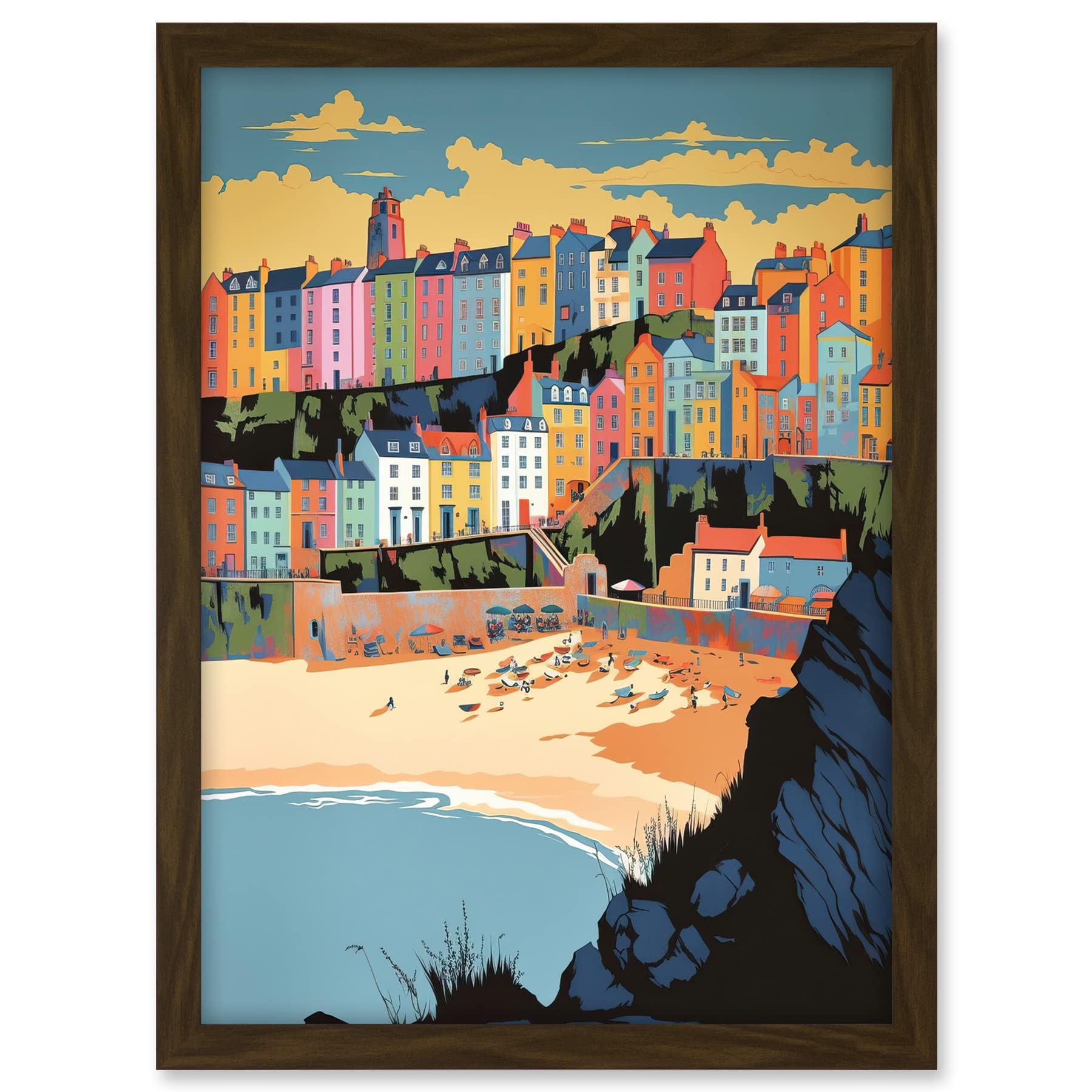 Artery8 Tenby Castle Beach Coastal Town Summer in Wales Artwork Framed A3 Wall Art Print