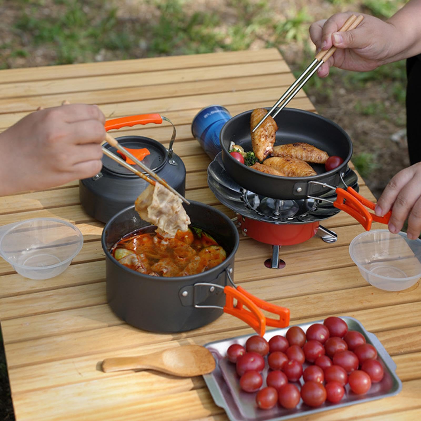 Juego de cocina de camping de 3 piezas con bolsa de almacenamiento para pesca al aire libre senderismo naranja