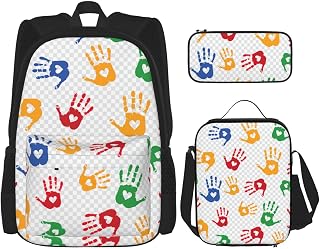 Juego de mochila Oxford impermeable 3 en 1 con formas de manos coloridas y con estampado de arco iris, bolsa de papelería, Negro, Talla única
