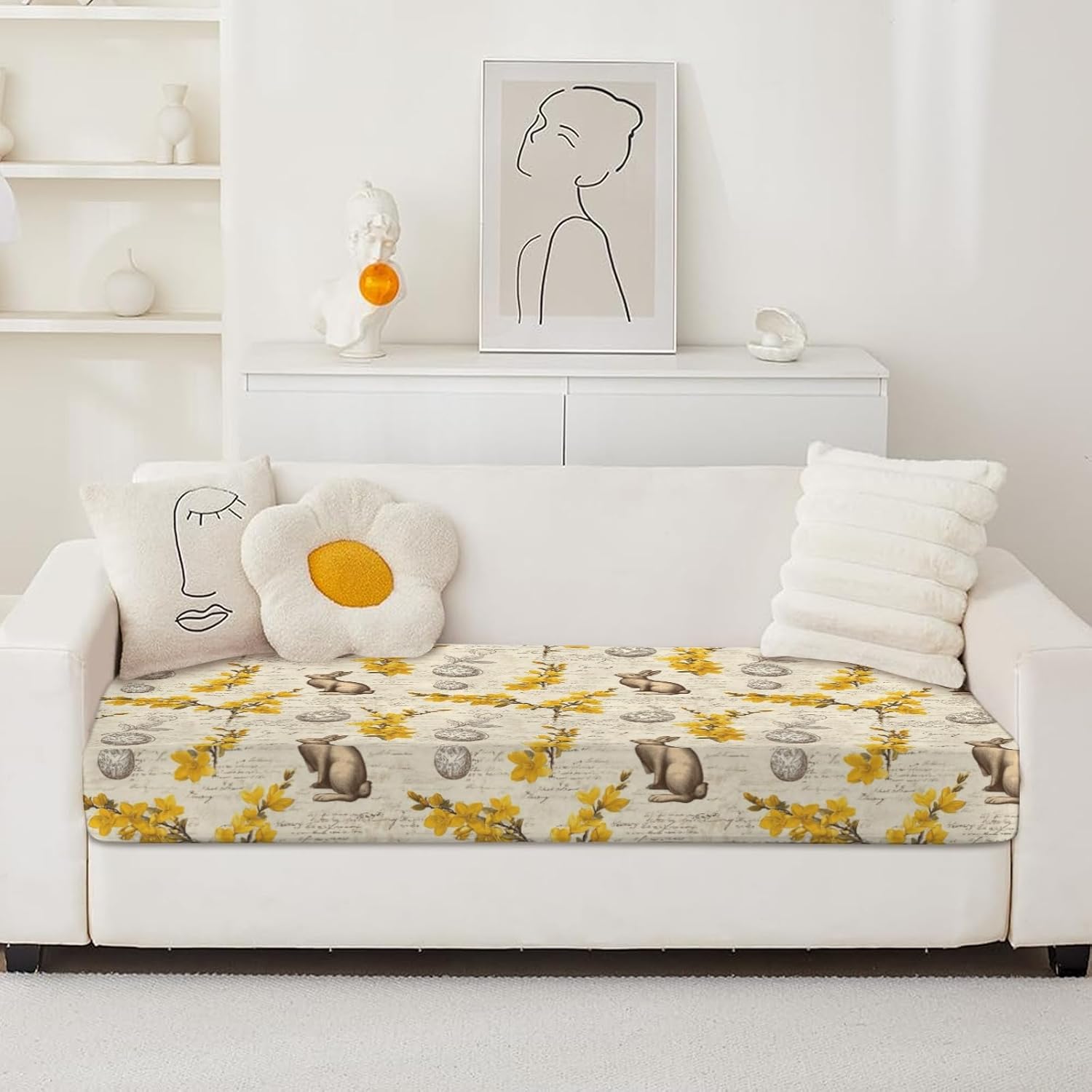 Botanical Bunny Yellow Loveseat Covers Couch Covers for 2 Cushion Couch, 2-Piece Stretch Sofa Slipcovers Anti-Slip Washable Furniture Protectors for Dogs Pets