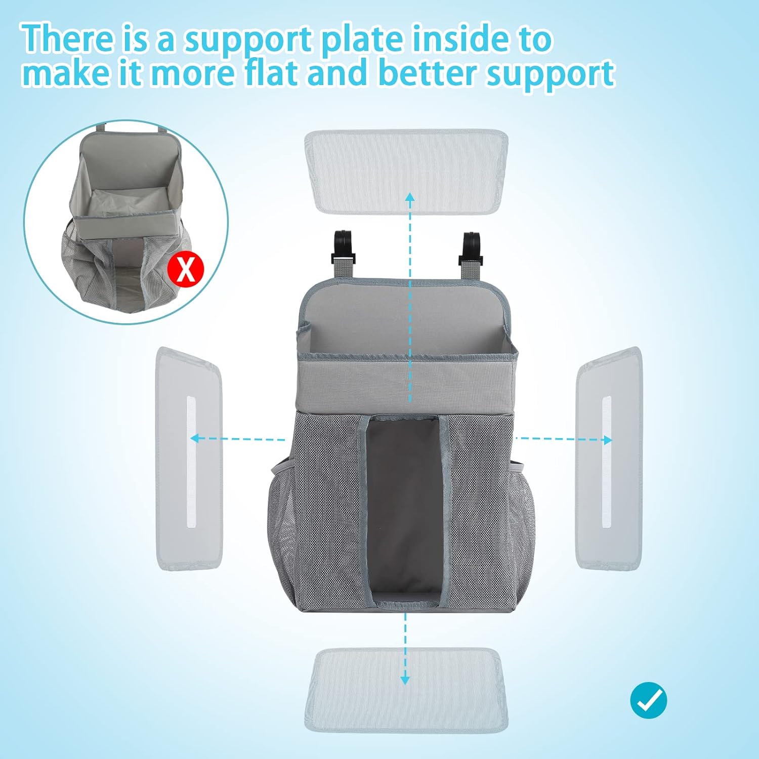 Diagram showing the proper installation of the support plate inside the hanging accessory bag for the JINXIA Baby Playpen.