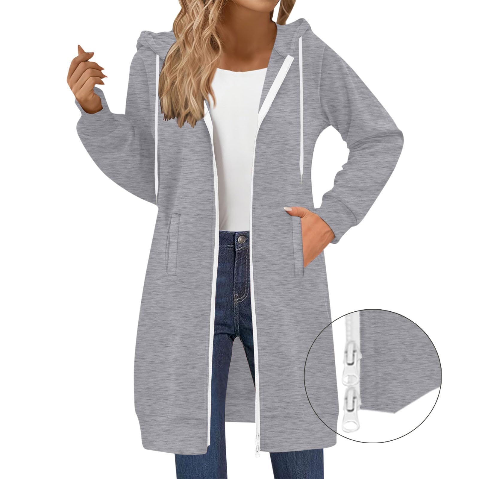 Bluza z kapturem na zamek dla kobiet, długa tunika, bluza z kapturem, bluza z kapturem z kieszeniami, jesienno-zimowa modna odzież