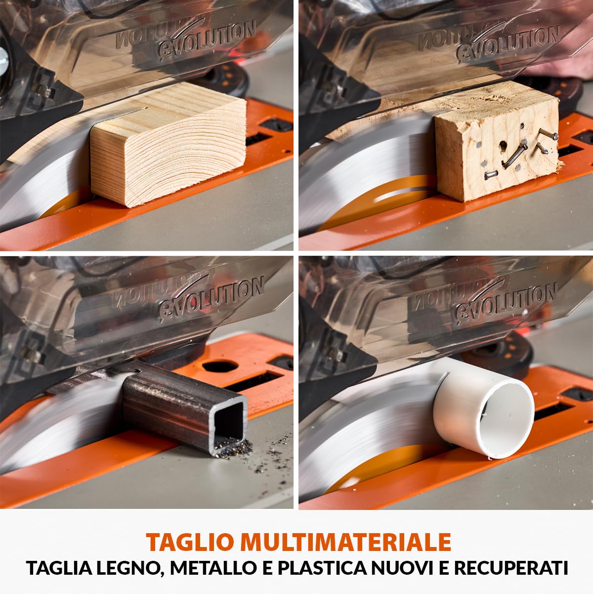 Evolution Power Tools R255TBL Sega da banco (La prossima generazione Rage 5-S) Lama da taglio multimateriale Taglia legno metallo plastica, smusso a 45°, angolo obliquo +/- 60°, 1650 W