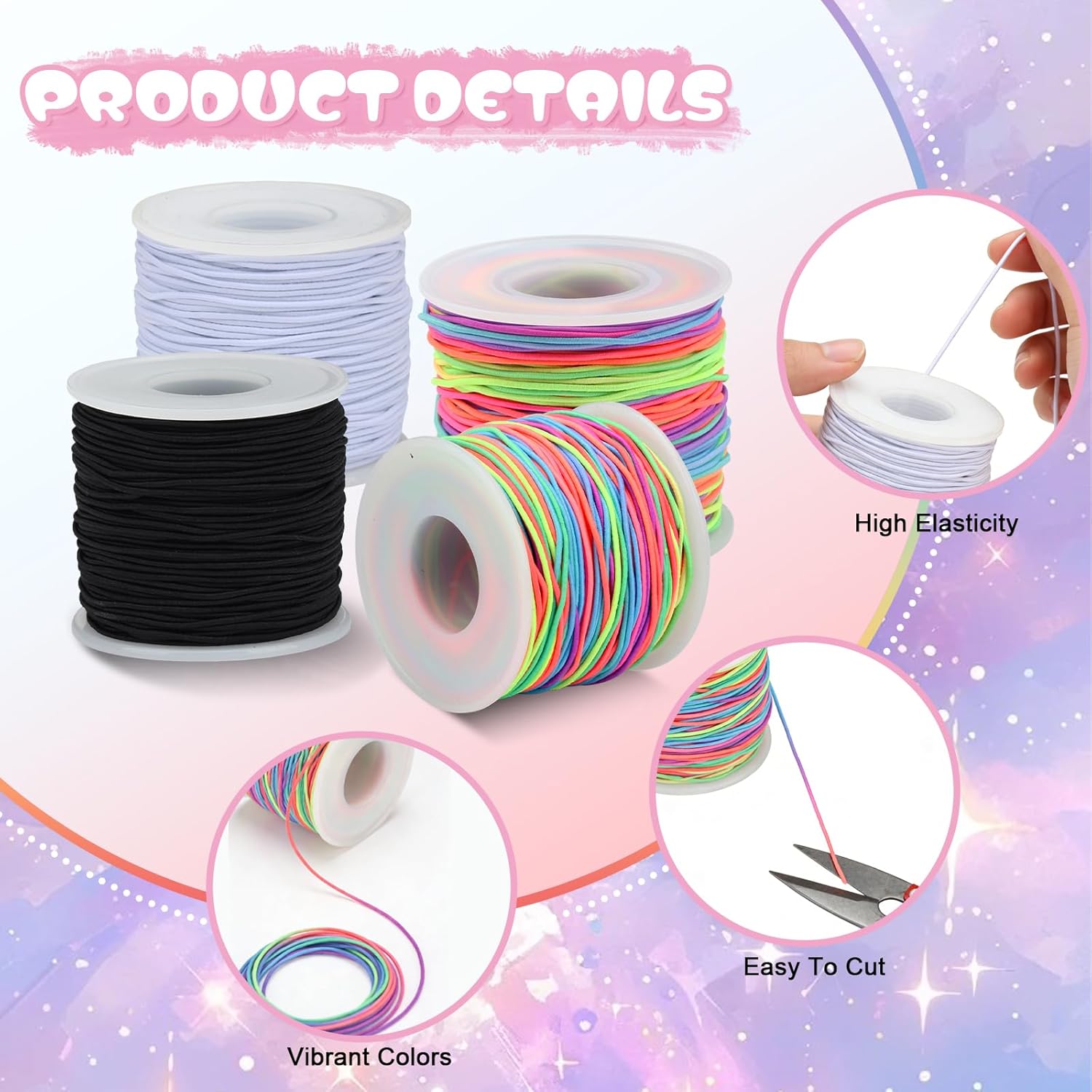 Stretchy Bracelet String 4 Rolls 660FT Elastic String for Bracelet DIY Crafts, 1mm Stretchy Cord for Jewelry Making Sewing Necklace Beading, (Black, White, Rainbow*2) - Image 4